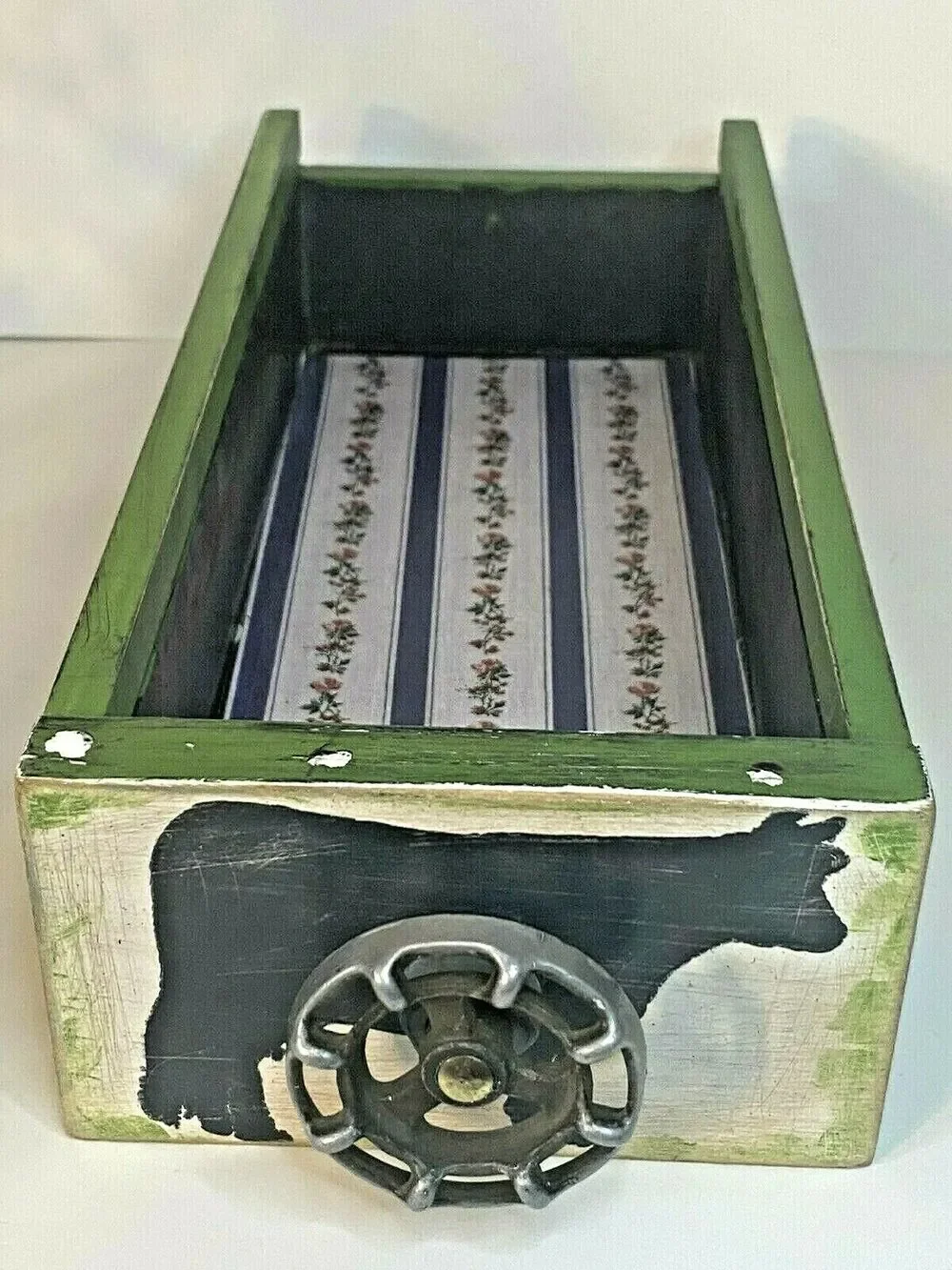 Farmhouse Wood Drawer Crate w/ Vintage Dairy Cow Spigot Handle, Green/Black